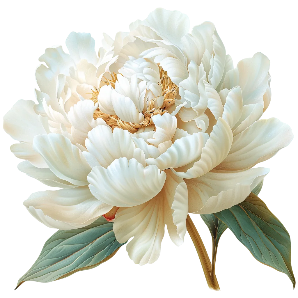 Ivory White Peony with Green Leaves Free PNG