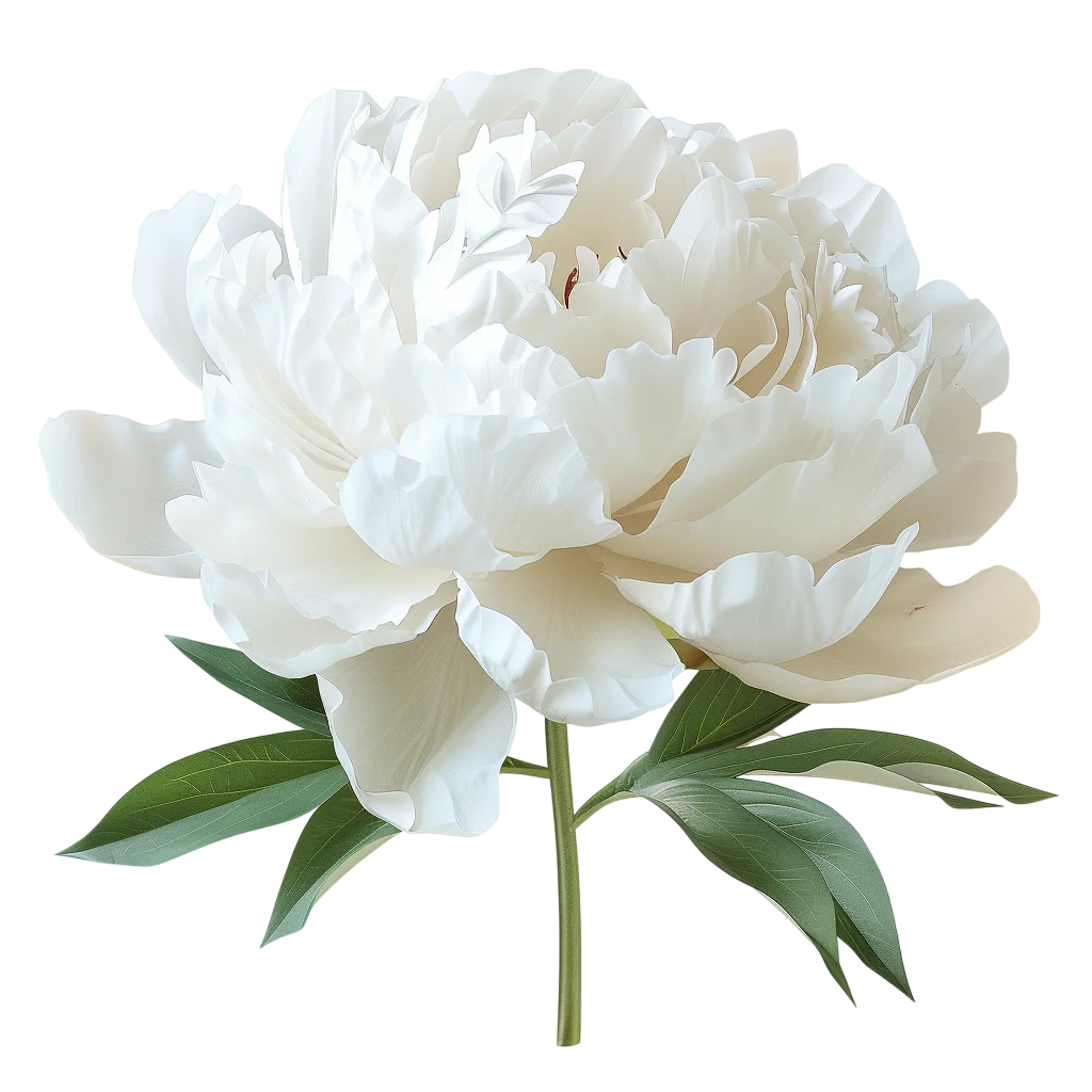 Ivory White Peony with Green Leaves – Free PNG
