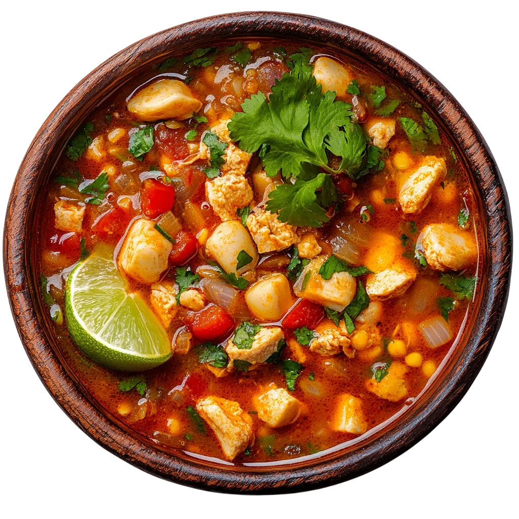 Red Chicken Soup Bowl with Lime and Cilantro Free PNG