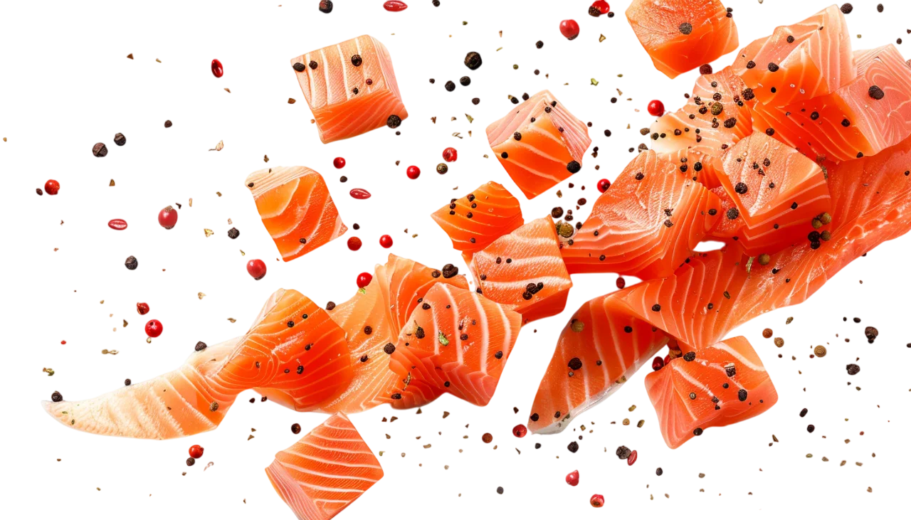 Seasoned Salmon Pieces in Midair – Free PNG