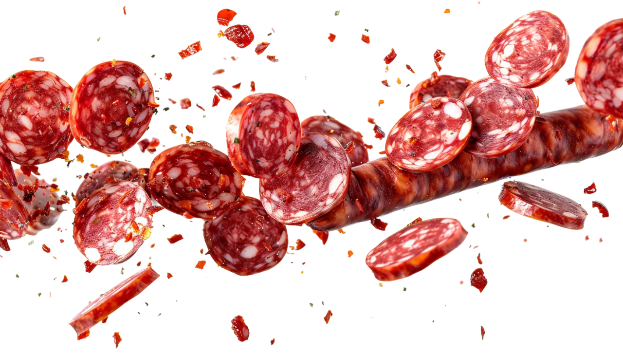 Floating Salami Slices and Sausage Link Free PNG