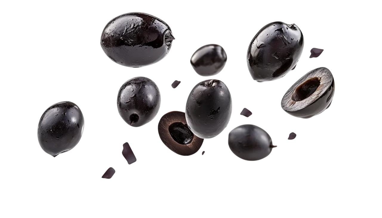 Floating Glossy Black Olives and Pitted Half Free PNG