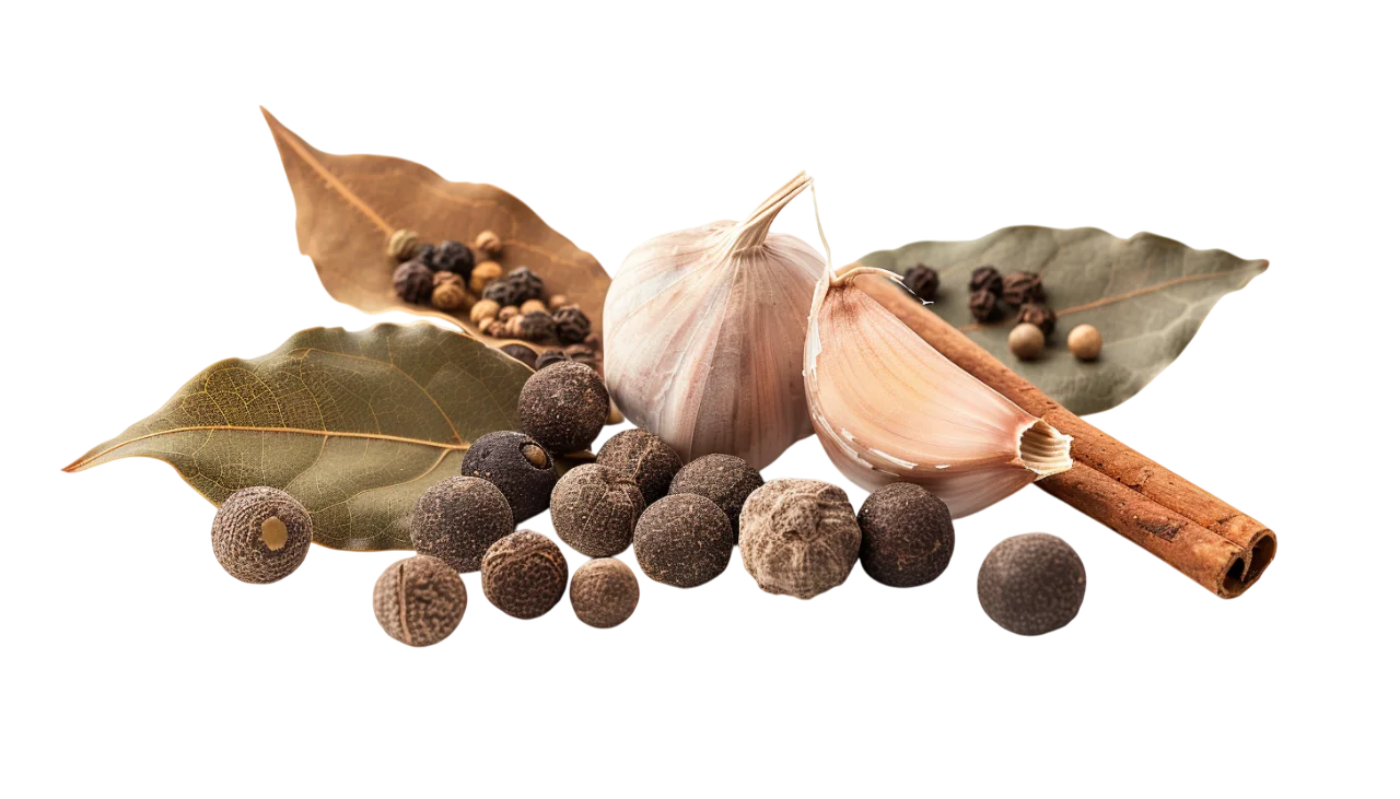Garlic, Cinnamon and Whole Spices on Bay Leaves | Free PNG