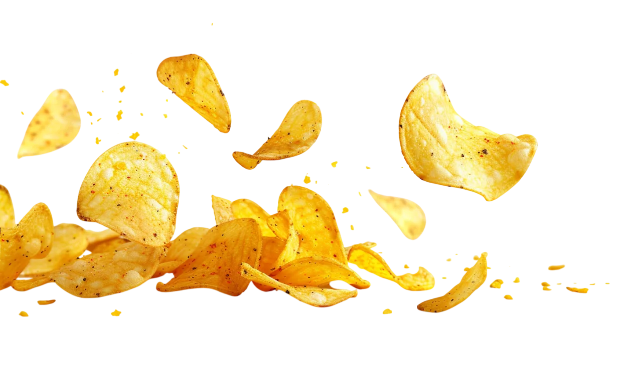 Golden Potato Chips Flying with Crumbs Free PNG