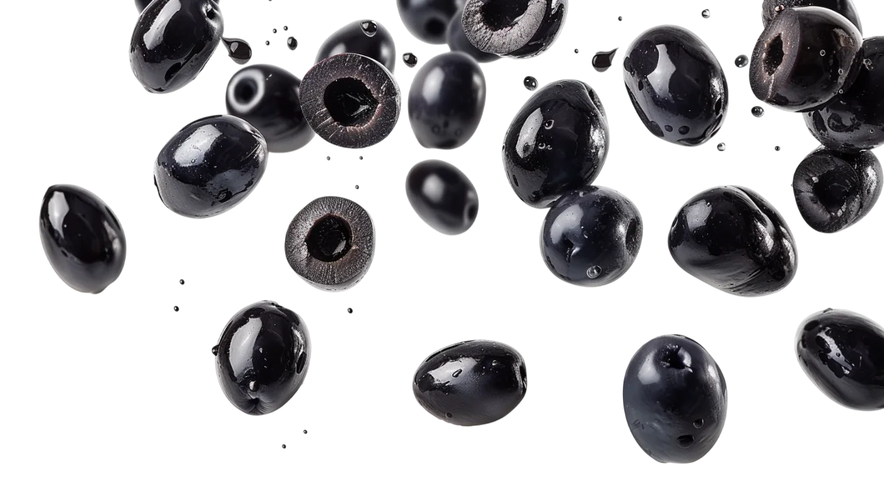 Glossy Floating Black Olives, Whole and Sliced - Free PNG