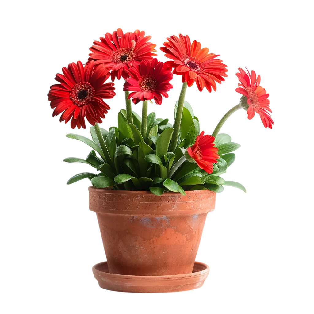 Red Gerbera Daisies in a Terracotta Pot Free PNG