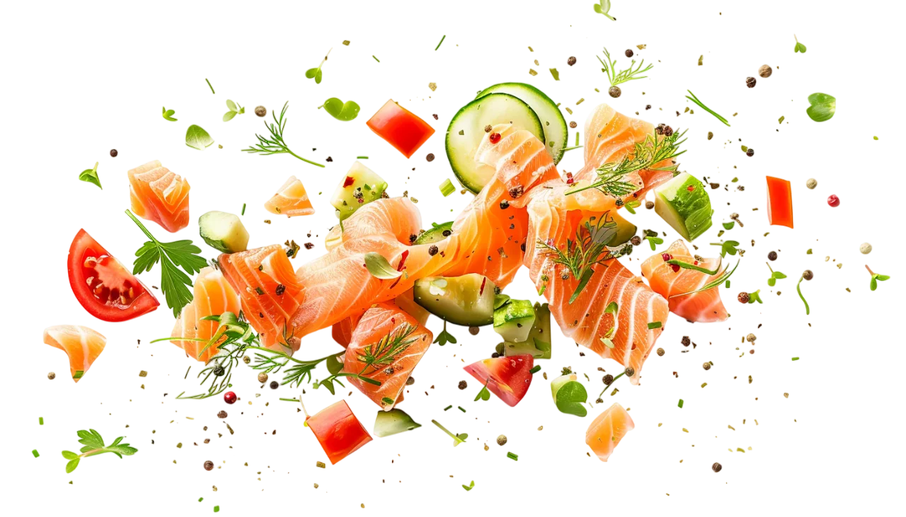 Floating Salmon Slices with Fresh Vegetables and Herbs Free PNG