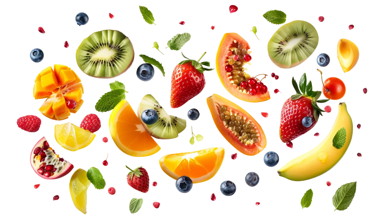 Floating Fruit and Berries on Black Background Free PNG