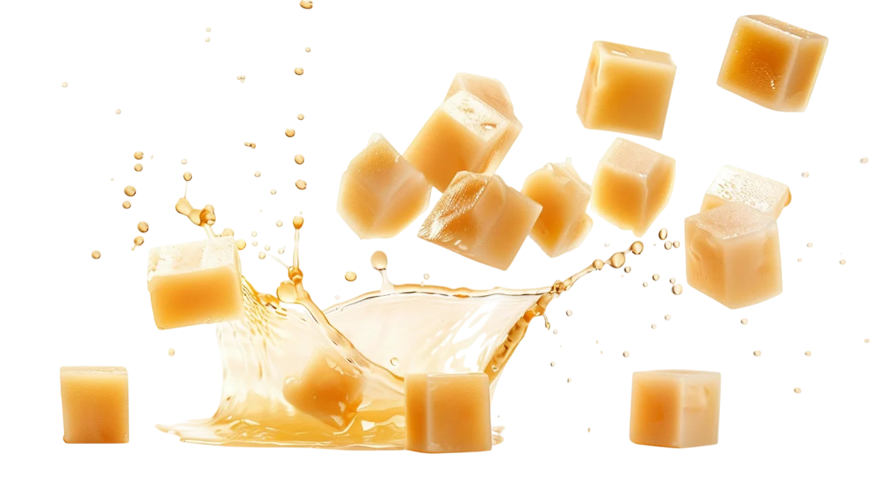 Floating Golden Caramel Cubes and Syrup Splash Free PNG