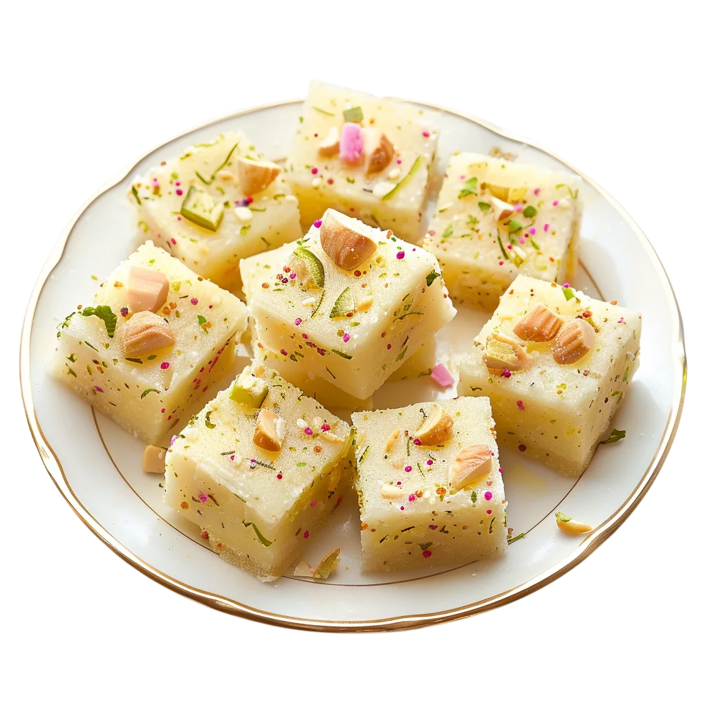 Nut-Topped Indian Milk Fudge Squares on a Plate Free PNG