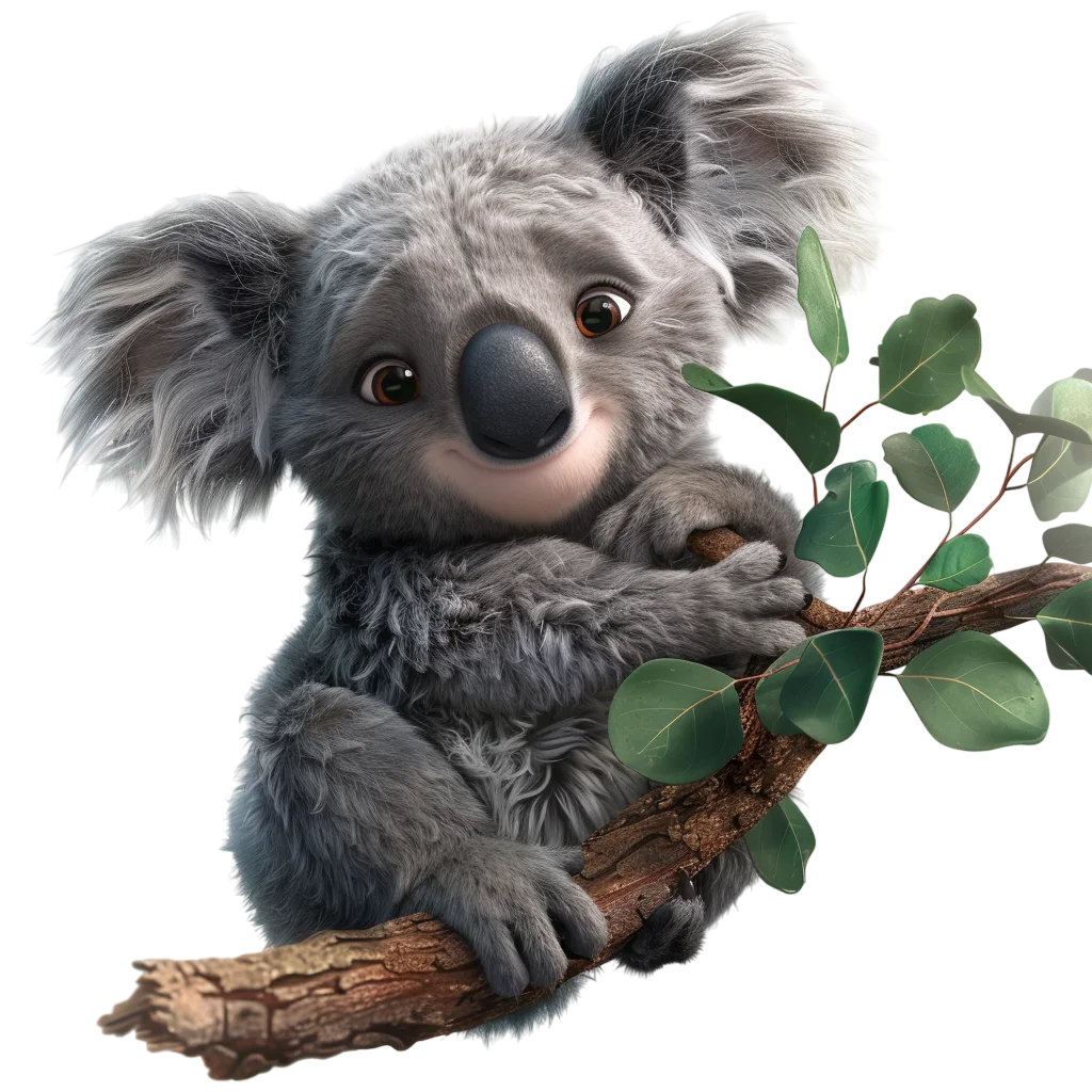 Cute Koala Clinging to Eucalyptus Branch – Free PNG