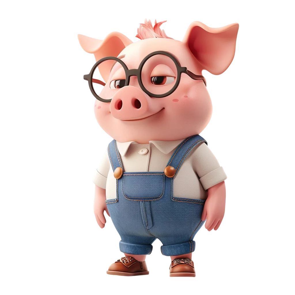 3D Cartoon Pig in Glasses and Denim Overalls Free PNG