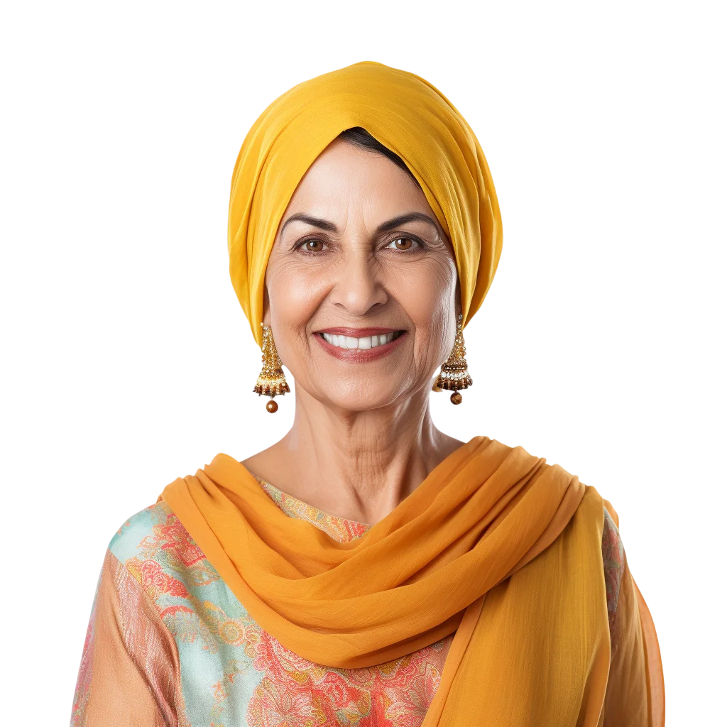 Smiling Mature Woman in Yellow Headwrap and Orange Scarf Free PNG