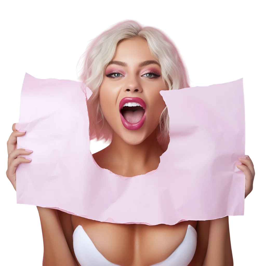 Blonde Woman Holding Torn Pink Paper – Free PNG