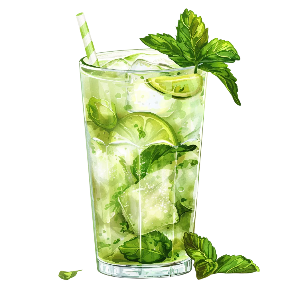 Lime Mint Drink with Ice and Striped Straw Free PNG