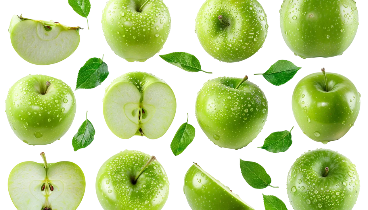 Dewy Green Apples, Slices, and Leaves | Free PNG