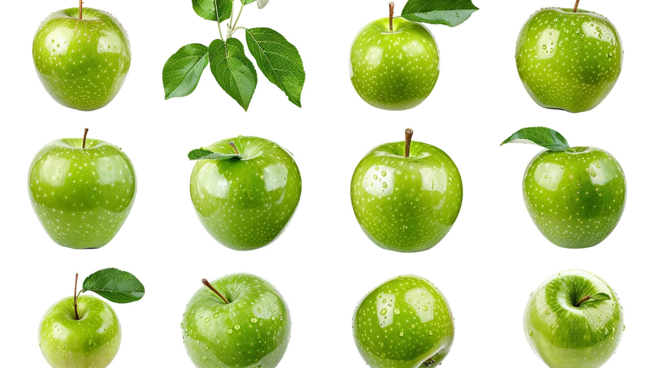 Glossy Green Apples and Leaves Free PNG