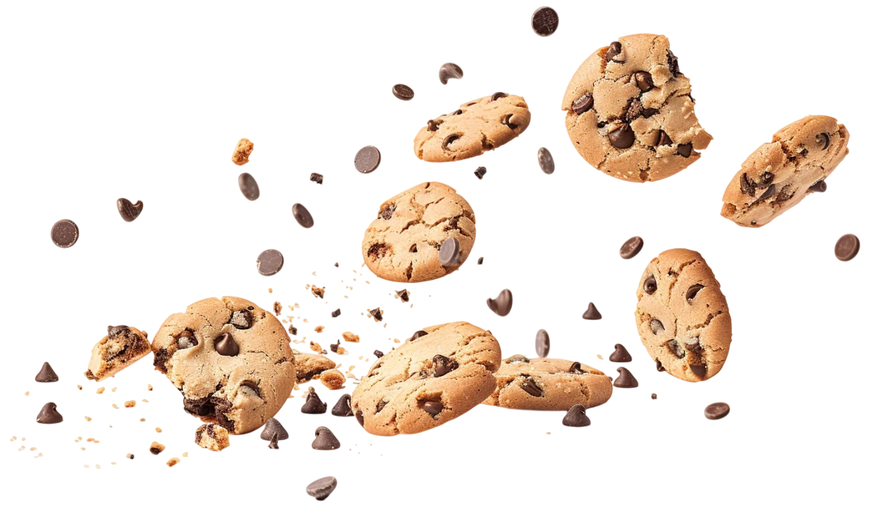 Floating Chocolate Chip Cookies and Crumbs on Black Background Free PNG