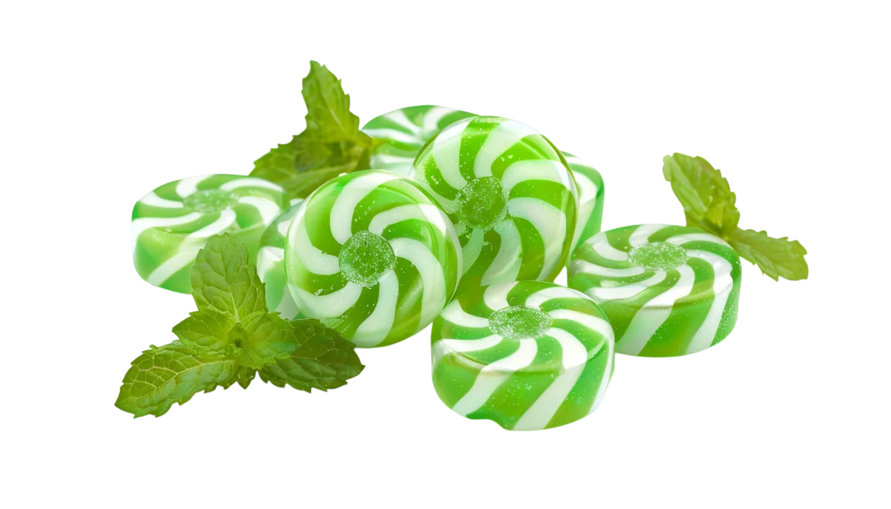 Green and White Peppermint Swirl Candies with Mint Leaves | Free PNG