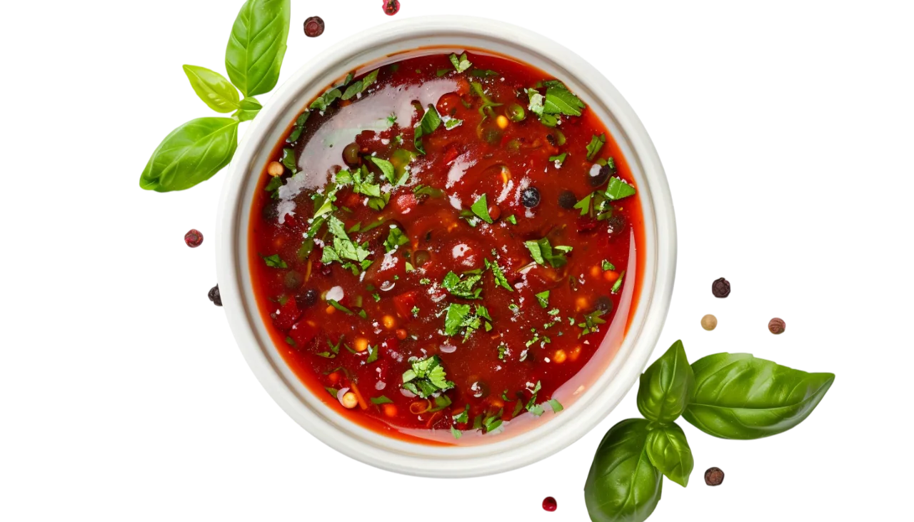 Overhead Bowl of Tomato Soup with Basil - Free PNG
