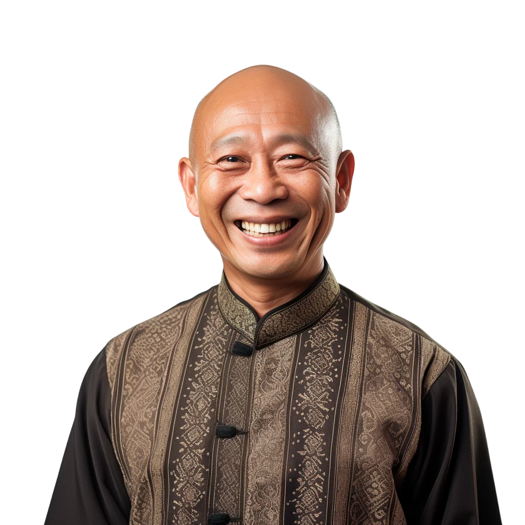 Smiling Bald Asian Man in Patterned Jacket - Free PNG
