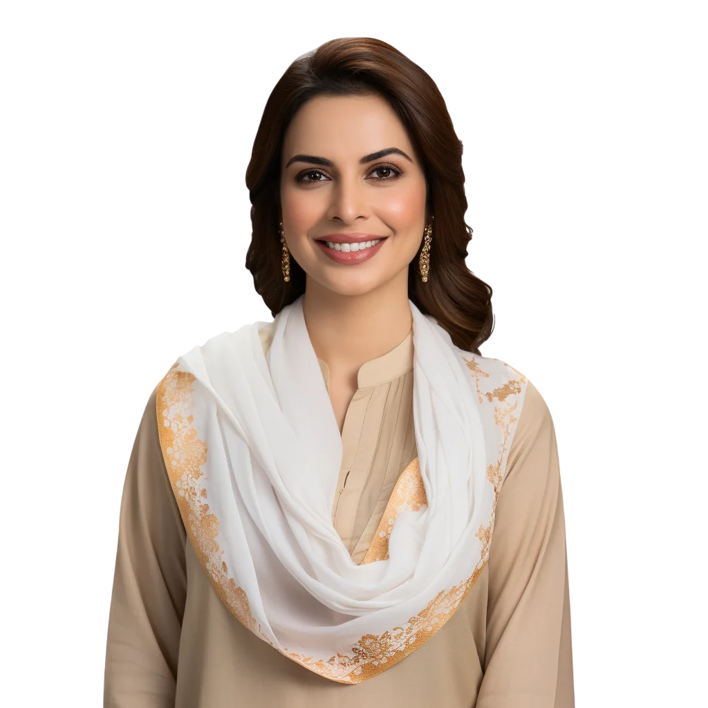 Smiling Woman in Traditional Beige Outfit with Gold-Trimmed Dupatta | Free PNG