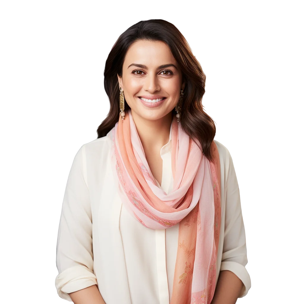 Smiling Woman in White Blouse and Peach Scarf Free PNG