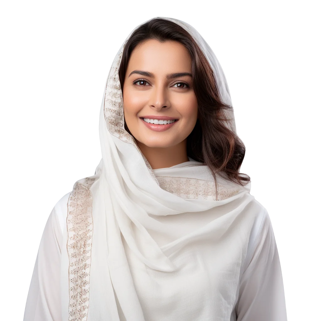 Smiling Woman in White and Gold Headscarf Free PNG