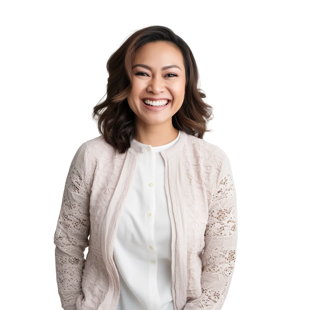 Smiling Woman in White Lace Cardigan Free PNG