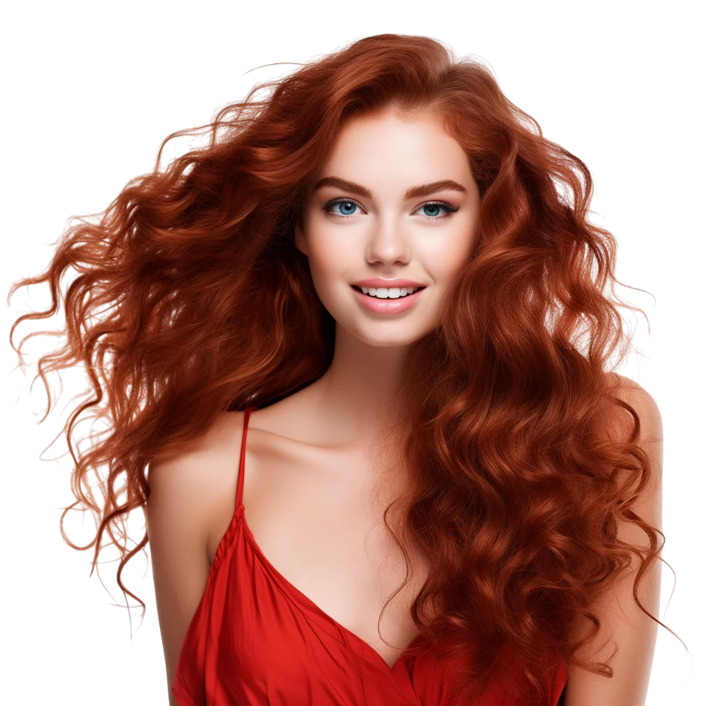 Smiling Redhead Woman with Voluminous Curls – Free PNG