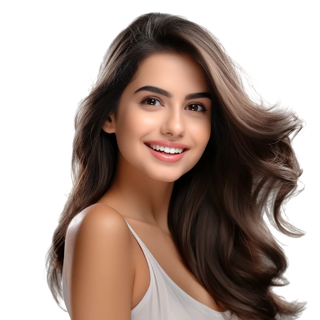 Smiling Woman with Long Flowing Hair Free PNG