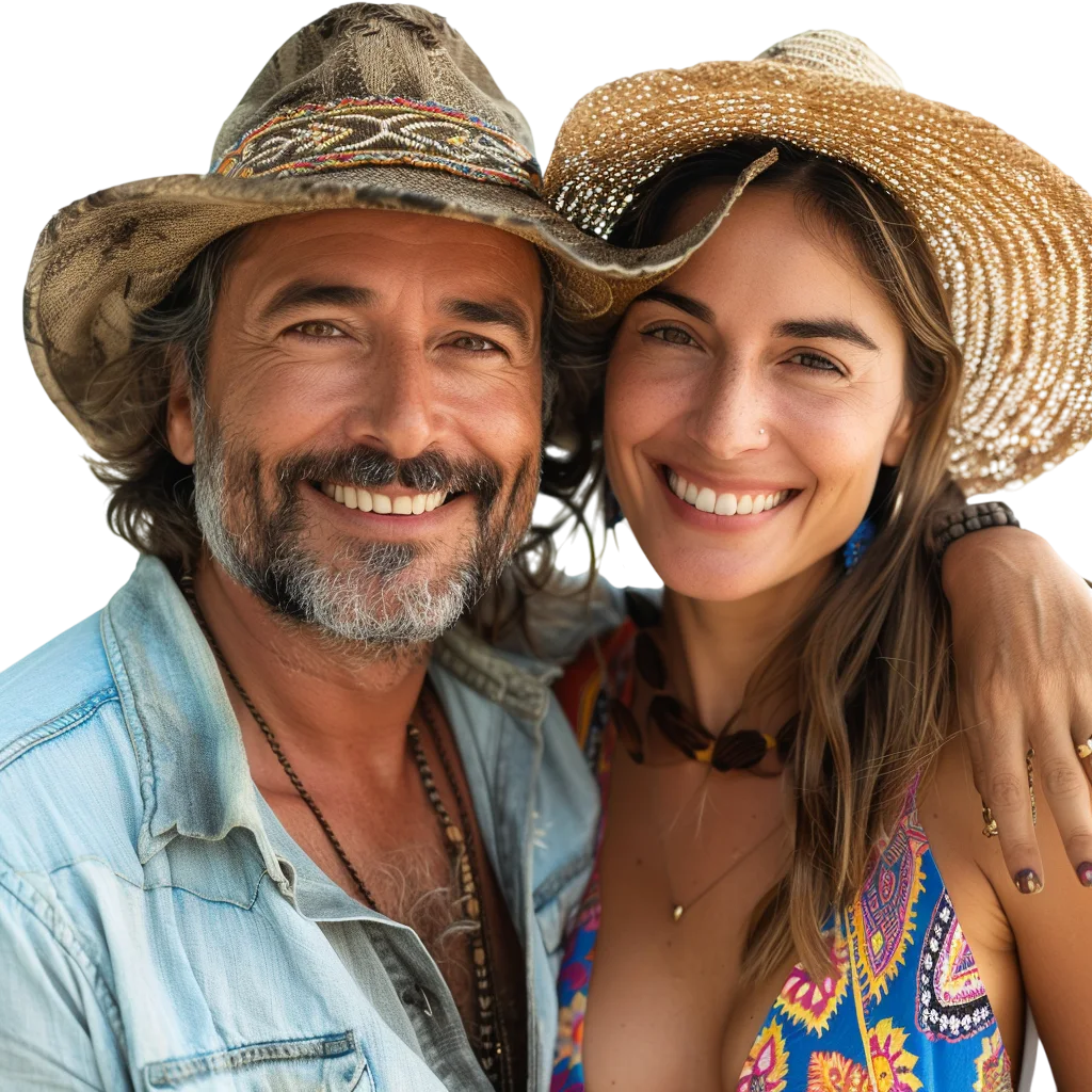 Smiling Couple in Cowboy and Sun Hats Free PNG