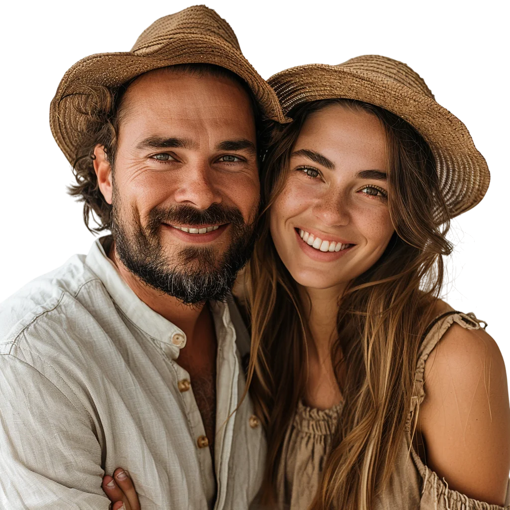 Smiling Couple in Straw Hats Portrait Free PNG