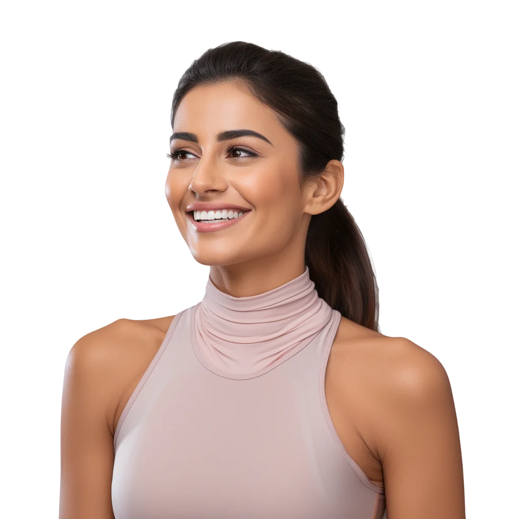 Smiling Woman in Blush High-Neck Top | Free PNG