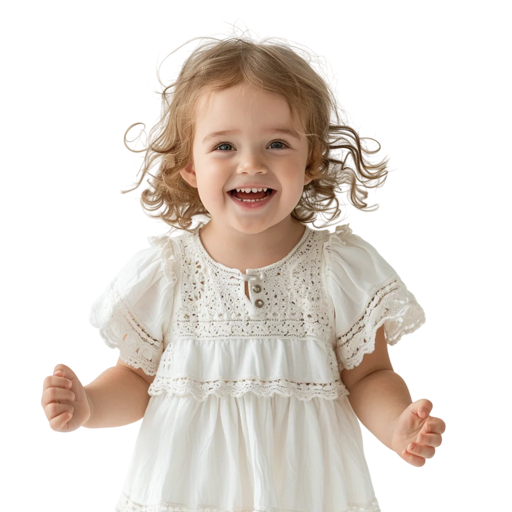 Smiling Girl in White Lace Dress Free PNG