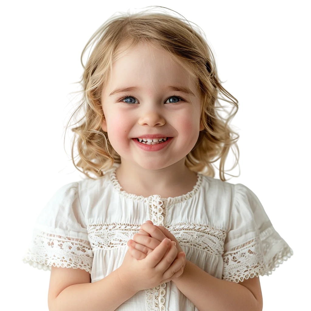Smiling Blonde Girl in a White Lace Dress Free PNG