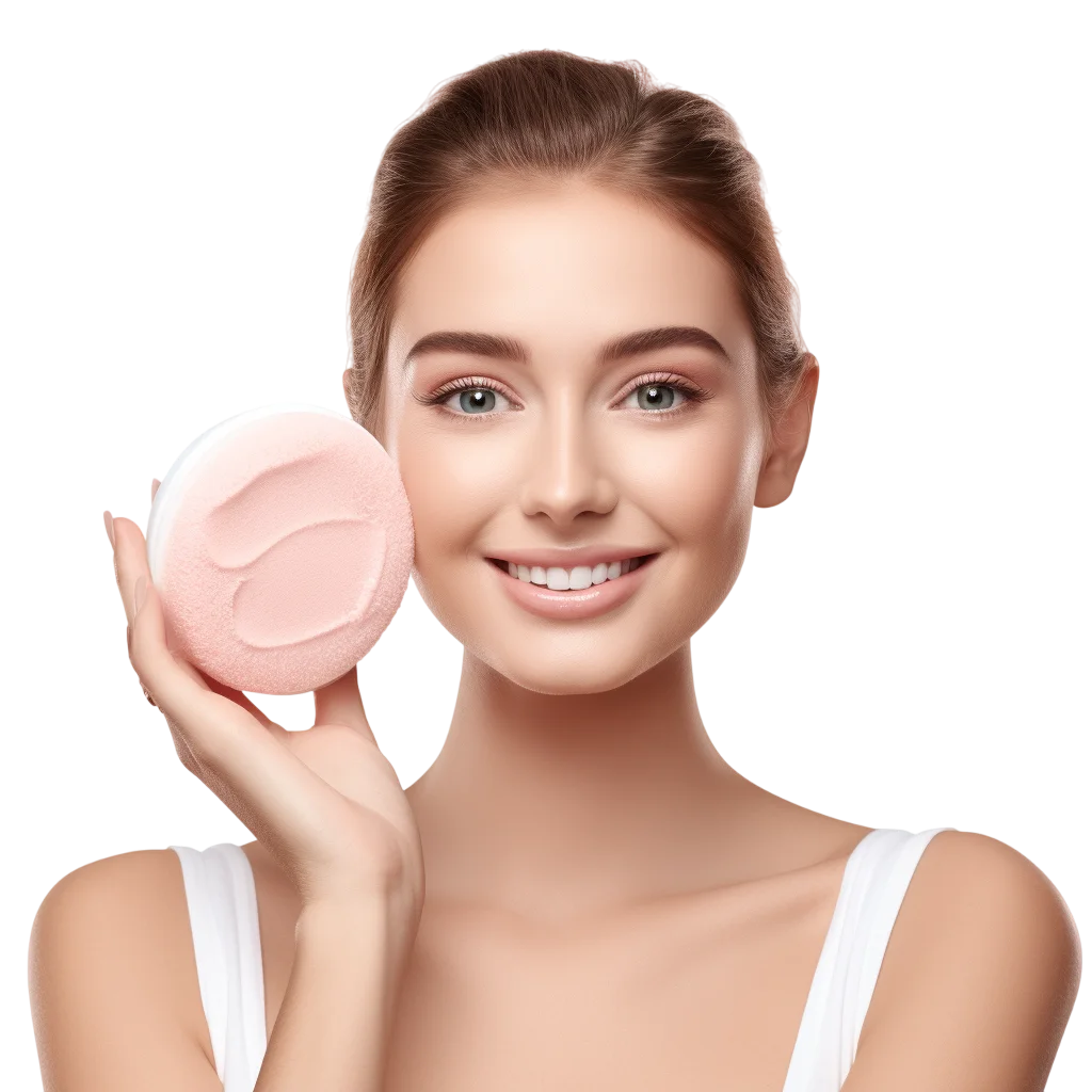 Smiling Woman Holding Pink Makeup Puff Free PNG