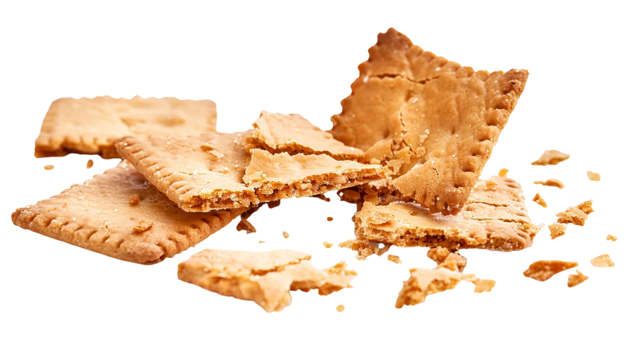Broken Golden Crackers with Scattered Crumbs Free PNG