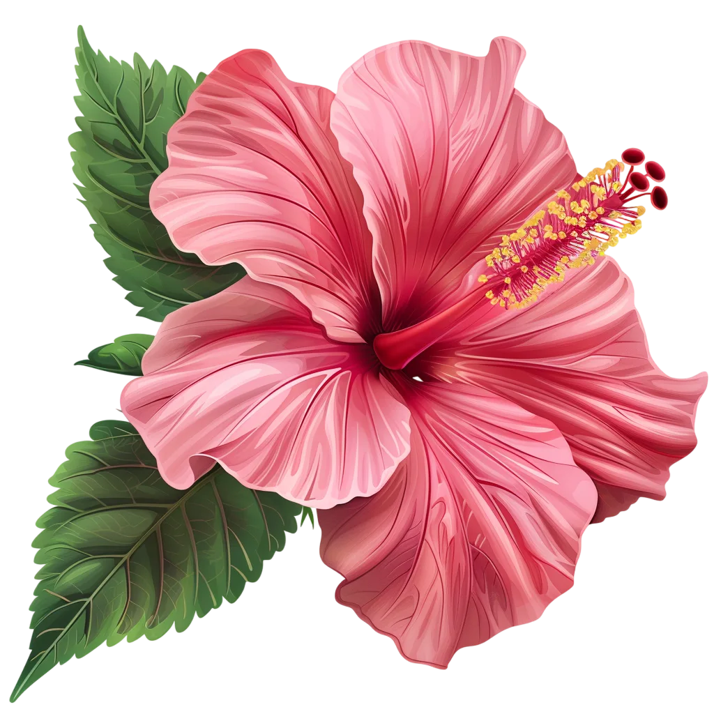Pink Hibiscus with Green Leaves Free PNG