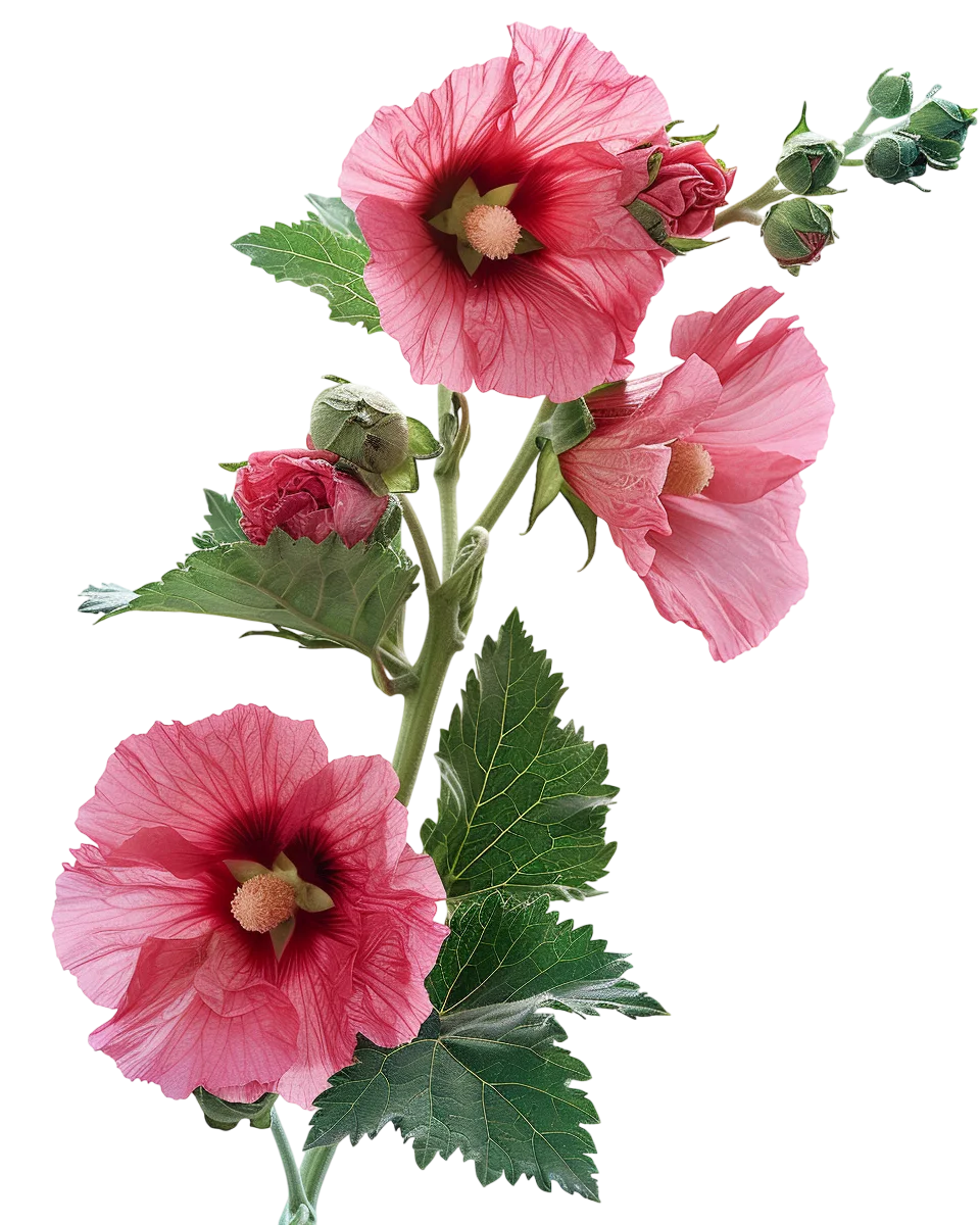 Pink Hibiscus Blooms, Buds and Leaves Free PNG