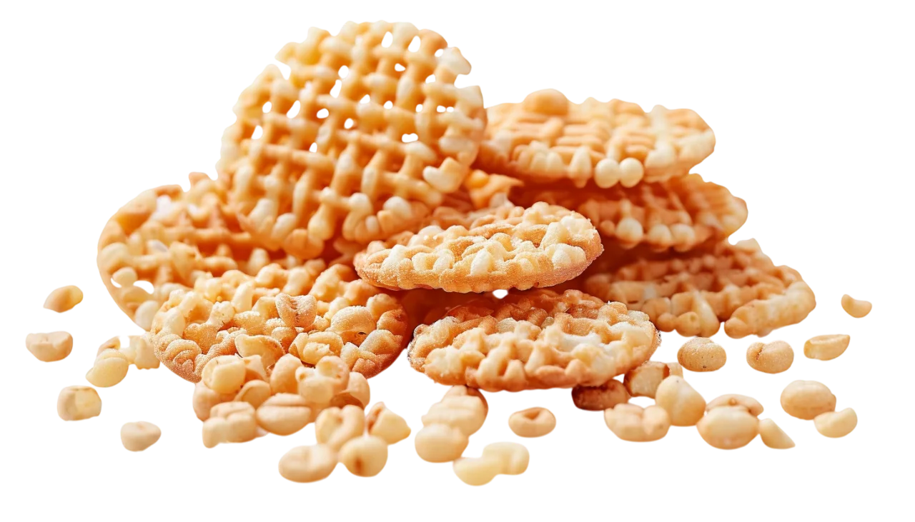 Golden Grid-Pattern Rice Crackers and Puffed Grains Free PNG