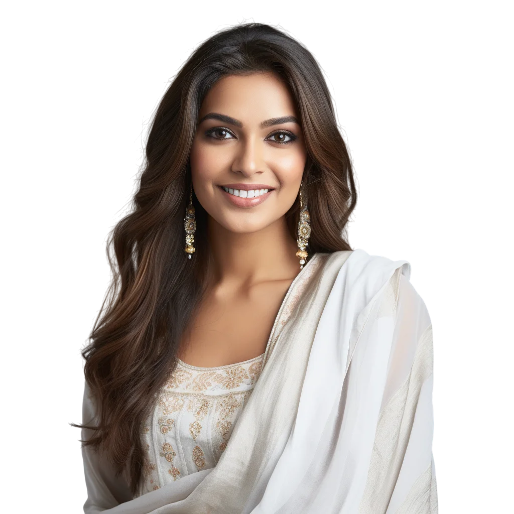 Smiling Woman in White and Gold Traditional Attire – Free PNG