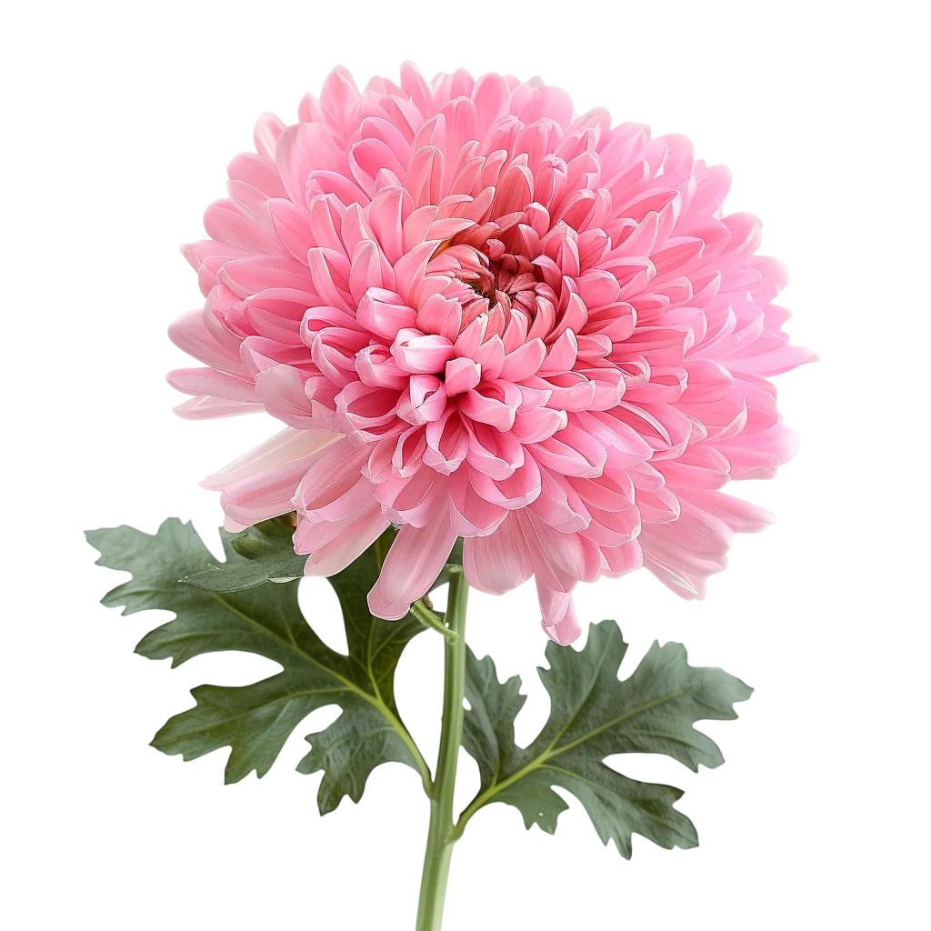 Pink Chrysanthemum Flower with Stem and Leaves Free PNG