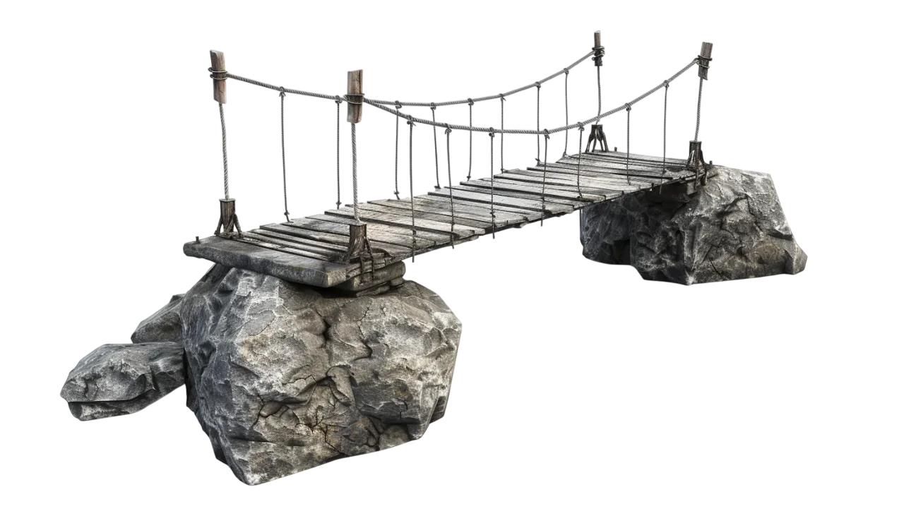 Weathered Rope Suspension Bridge on Rocky Outcrops Free PNG