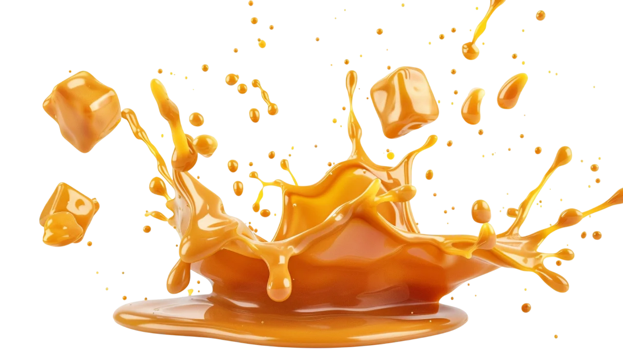Glossy Caramel Sauce Splash with Floating Drops and Cubes | Free PNG
