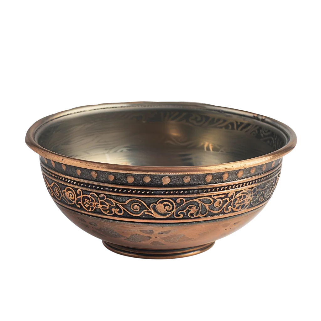 Ornate Copper Bowl with Engraved Scrollwork Free PNG