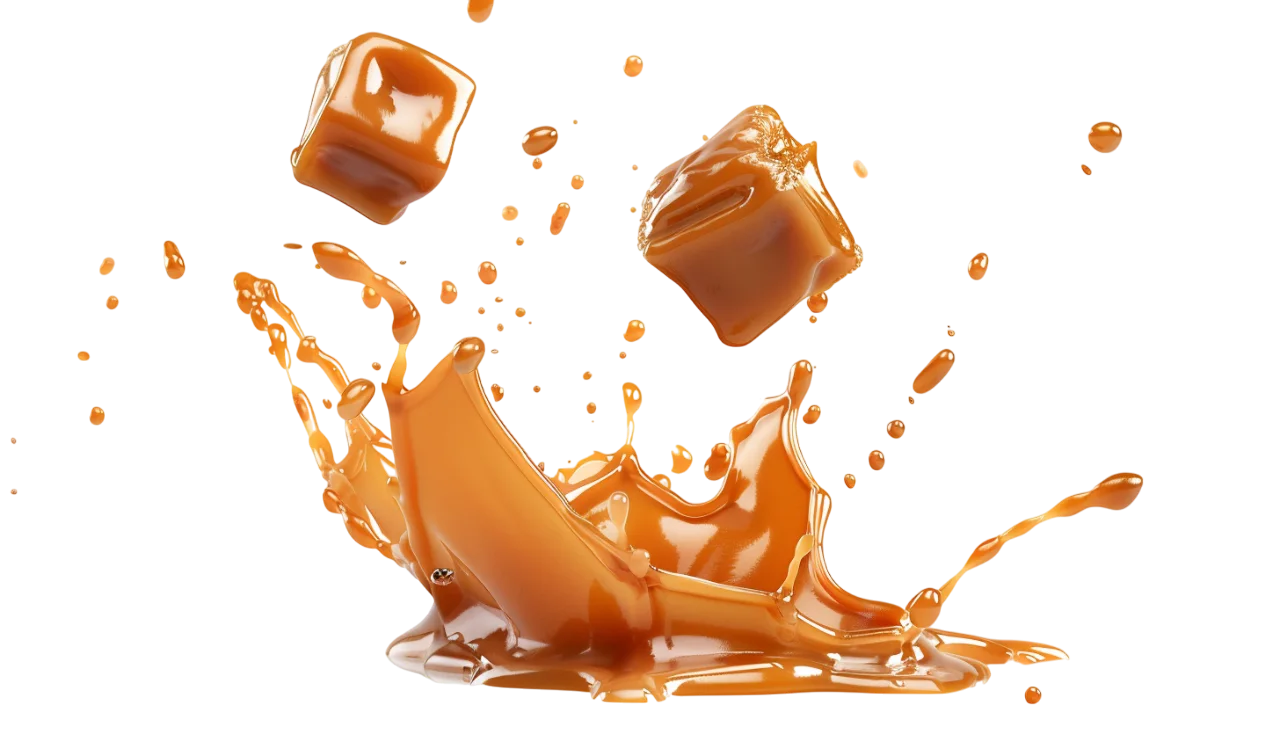 Glossy Caramel Splash with Floating Pieces | Free PNG