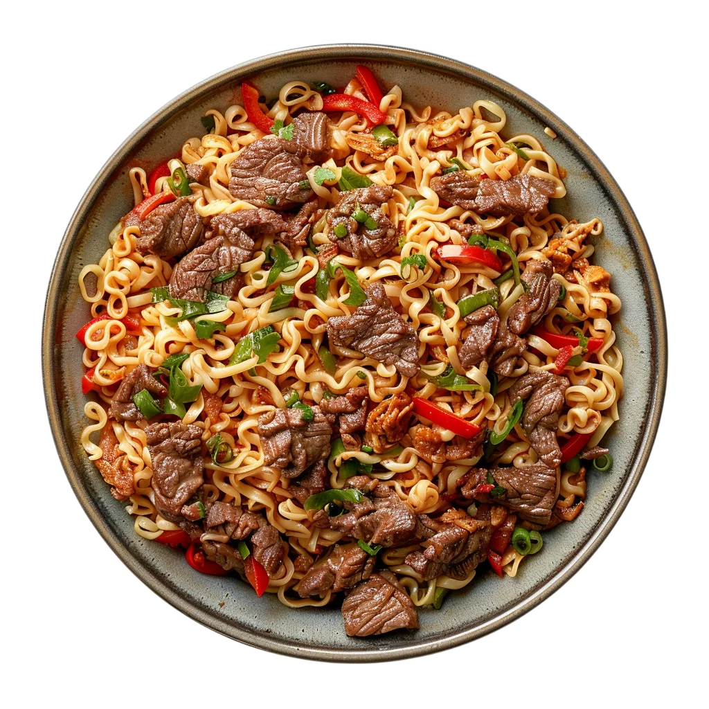 Beef and Vegetable Stir-Fry Noodles in a Bowl | Free PNG