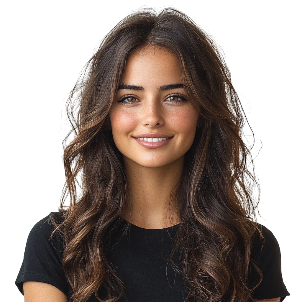 Smiling Woman with Long Wavy Brown Hair Free PNG