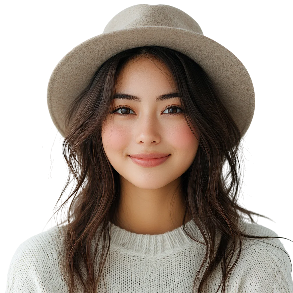 Smiling Woman in Beige Hat and White Sweater Free PNG